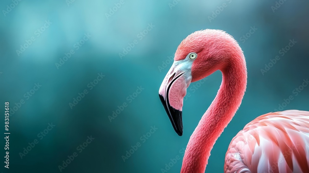 Obraz premium A pink flamingo in sharp focus against a softly blurred background of pastels, with a clear, blue sky above