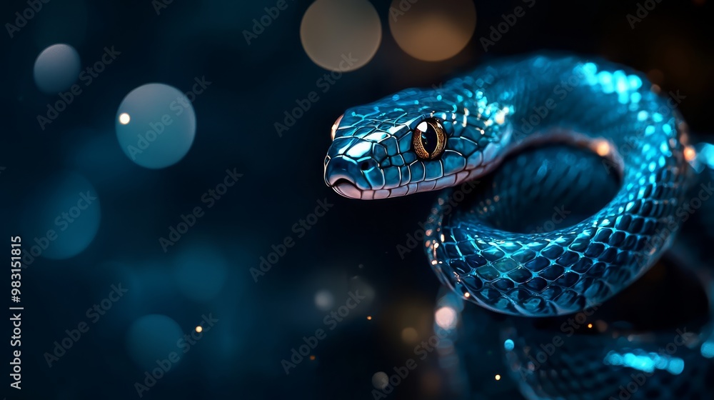 A tight shot of a blue snake against a black backdrop, surrounded by a hazy glow of lights in the distance A tight shot of a blue snake against a black backdrop, surrounded by a hazy glow of lights in the distance