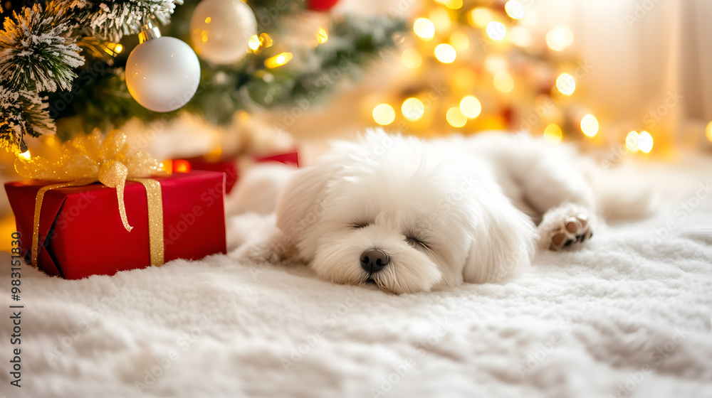 A sleeping Bichon Frise under a decorated Christmas tree with festive presents nearby A sleeping Bichon Frise under a decorated Christmas tree with festive presents nearby