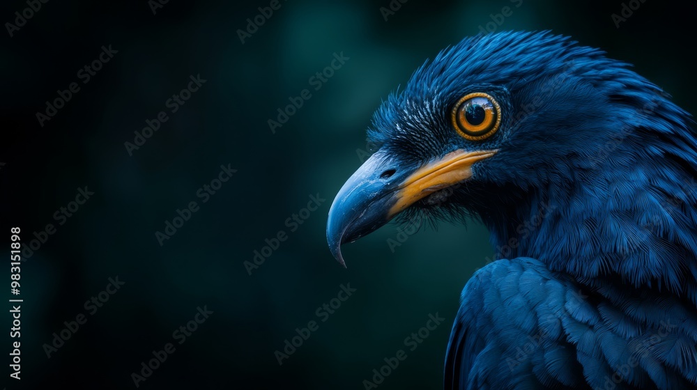 A tight shot of a blue bird against a black backdrop, its vibrant yellow beak contrasting against the darkness; trees in the distance form the background A tight shot of a blue bird against a black backdrop, its vibrant yellow beak contrasting against the darkness; trees in the distance form the background