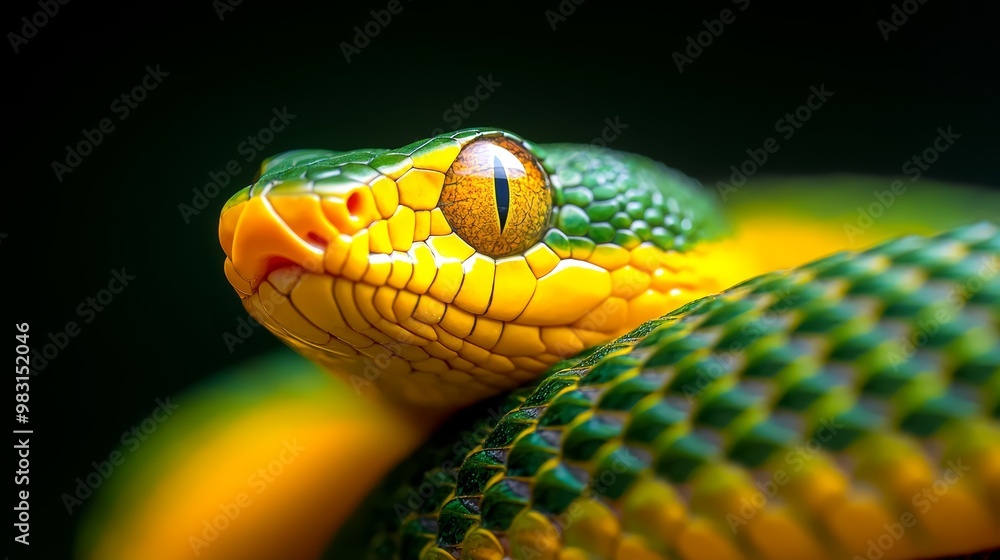 Fototapeta premium A tight shot of a green-yellow snake's head, displaying a yellow iris in one eye