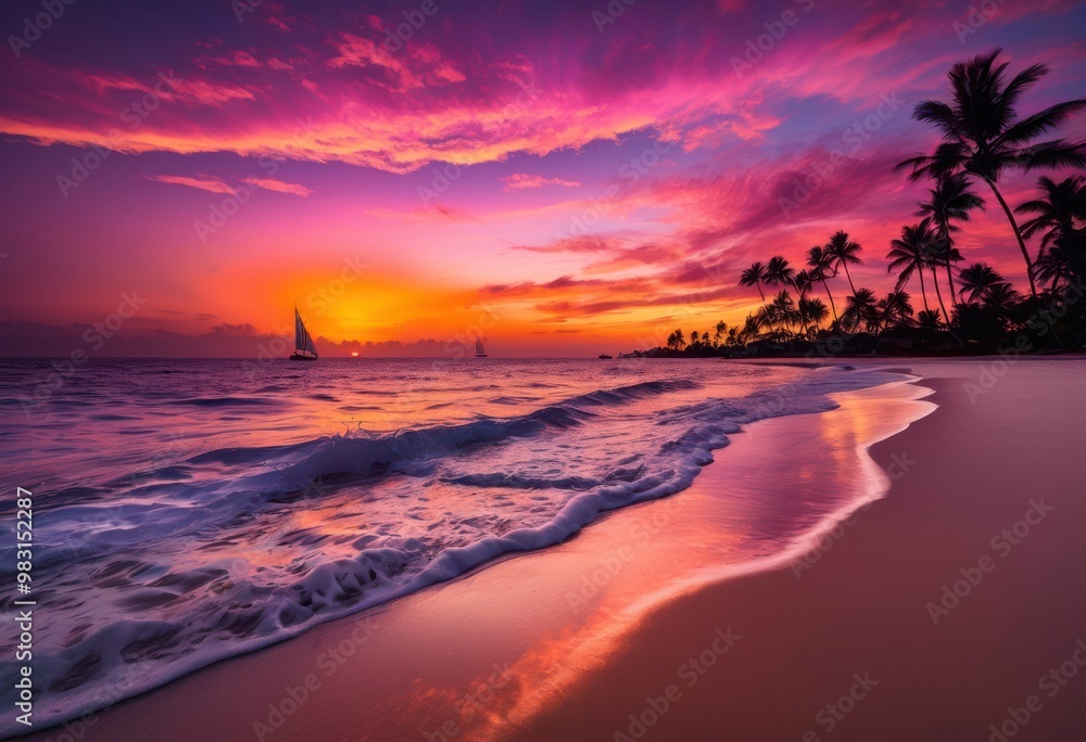 tranquil beach scene capturing vibrant sunset hues soft waves silhouetted palm trees colorful sky, clouds, colors, nature, ocean, horizon, sand, reflection tranquil beach scene capturing vibrant sunset hues soft waves silhouetted palm trees colorful sky, clouds, colors, nature, ocean, horizon, sand, reflection