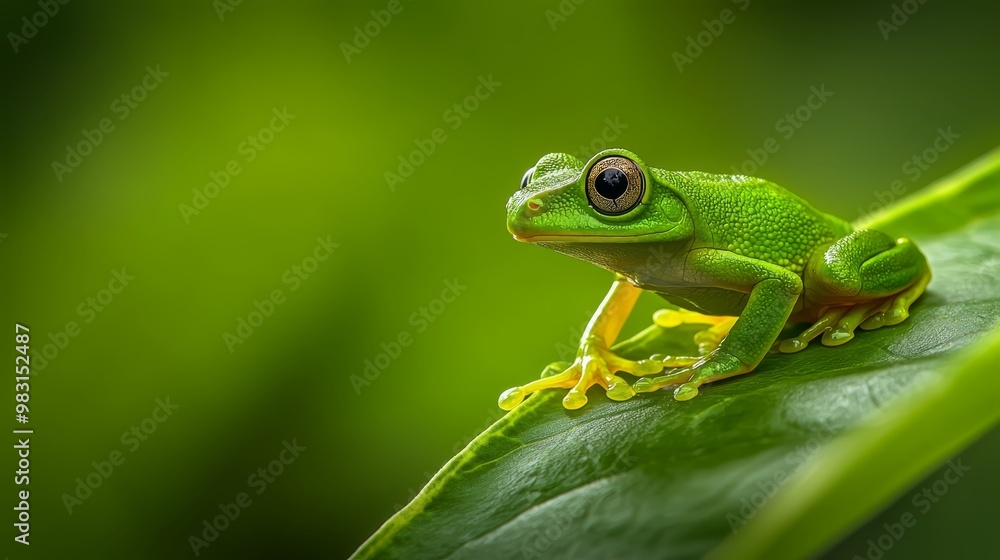 A frog sits atop a green leaf, hovering above a plant, with water drops adorning its surface A frog sits atop a green leaf, hovering above a plant, with water drops adorning its surface