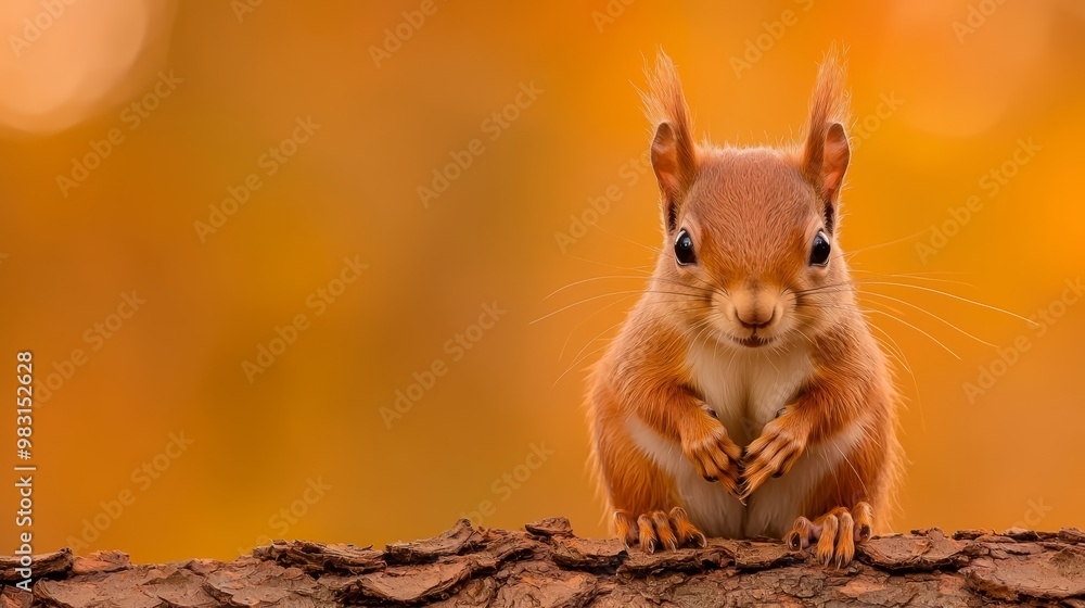 A tight shot of a squirrel perched atop a tree trunk against a hazy backdrop of trees A tight shot of a squirrel perched atop a tree trunk against a hazy backdrop of trees