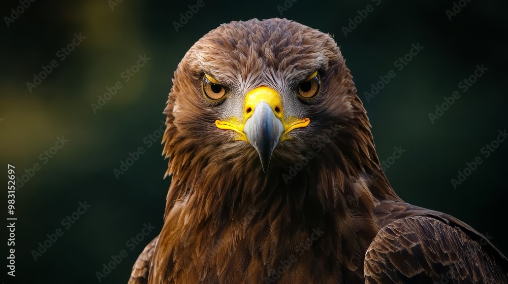 A tight shot of a raptor focusing on the lens, backed by indistinct trees A tight shot of a raptor focusing on the lens, backed by indistinct trees