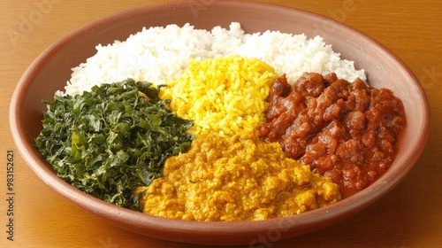 A delightful serving of gwamsi, featuring tender pork alongside rice and fresh greens, presented elegantly on a rustic wooden table photo