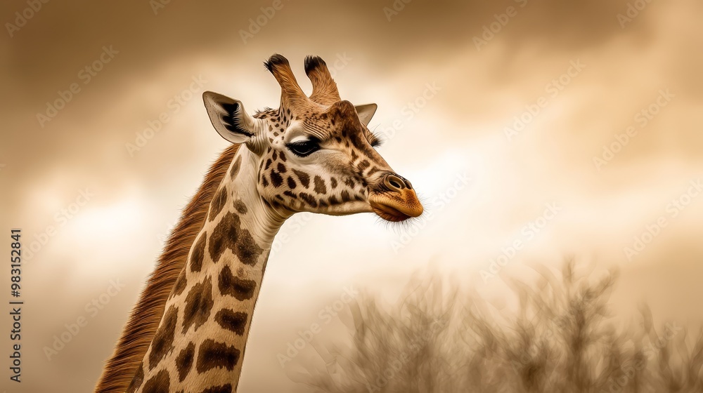 Obraz premium Giraffe head up close among trees and clouds in the background..Or, for a more descriptive version:..A detailed view of a giraffe's
