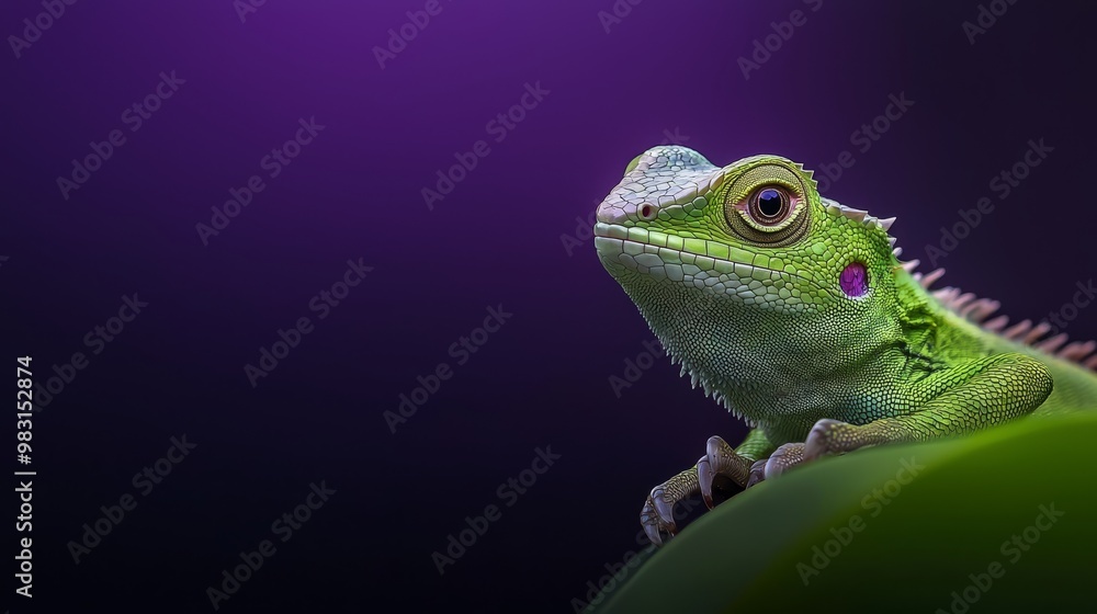 Fototapeta premium A close-up of a green lizard on a leaf against a purple background
