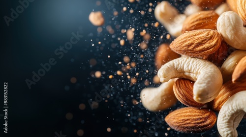 A close-up view showcasing almonds and cashews suspended against a dark background, highlighting their textures and shapes in a dynamic and artistic presentation. photo