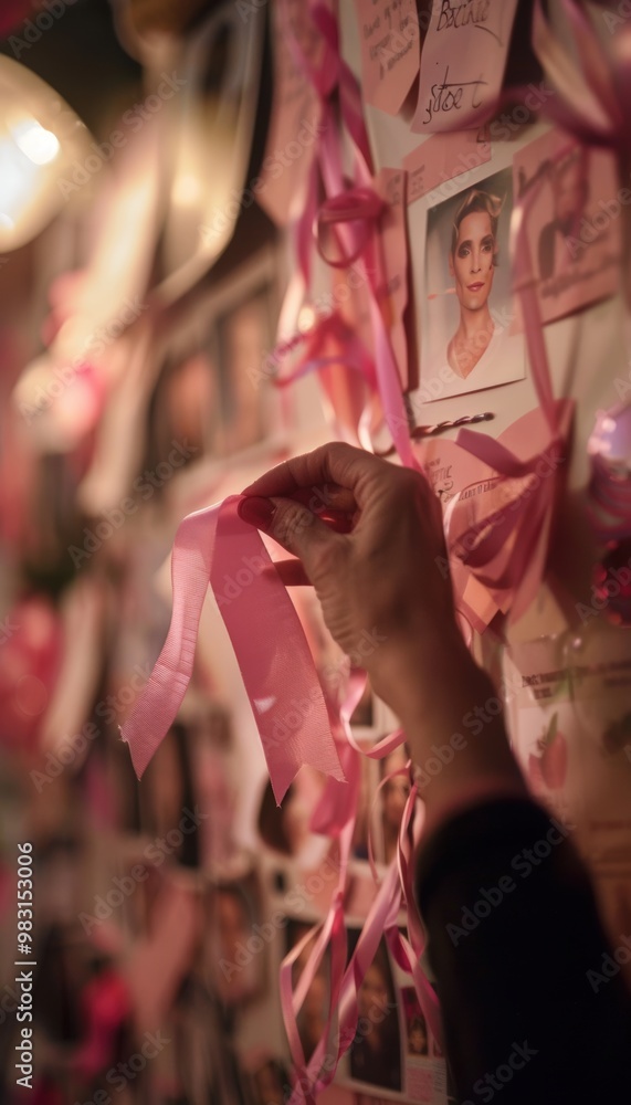 Breast Cancer Awareness: Hand Placing Pink Ribbon on Bulletin Board of Supportive Messages Breast Cancer Awareness: Hand Placing Pink Ribbon on Bulletin Board of Supportive Messages