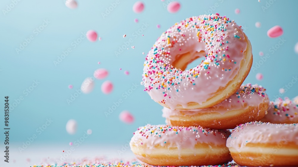 Delicious pink frosted donut stacked with colorful sprinkles, perfect for desserts and sweet treats.