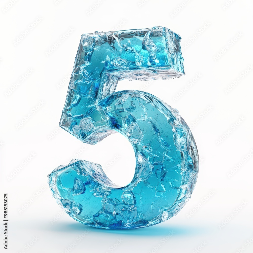 3D number 5 with blue ice texture realistic modern design, soft lighting, white background 3D number 5 with blue ice texture realistic modern design, soft lighting, white background