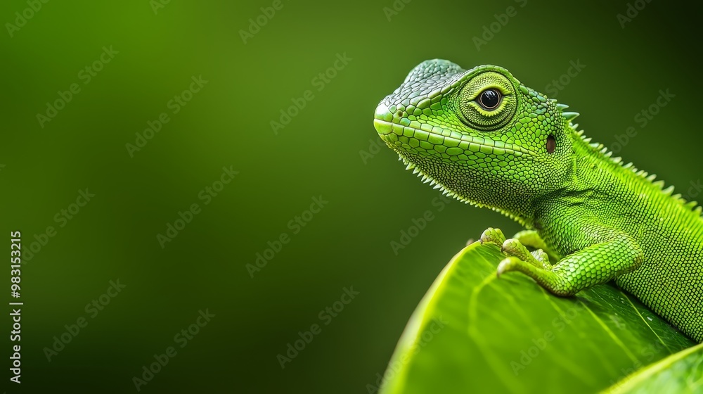 A chromatophore-dotted green chameleon sits atop a verdant leaf against a expansive green backdrop, with a central black pit constituting the image' A chromatophore-dotted green chameleon sits atop a verdant leaf against a expansive green backdrop, with a central black pit constituting the image'