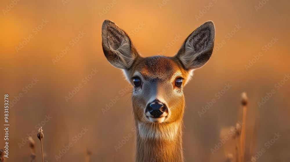 A deer's face, tightly framed by tall grass, against a backdrop of a brown sky A deer's face, tightly framed by tall grass, against a backdrop of a brown sky