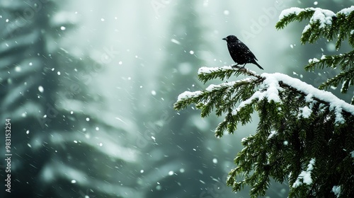  A black bird perches on a pine tree branch against a backdrop of evergreens in a snowy forest