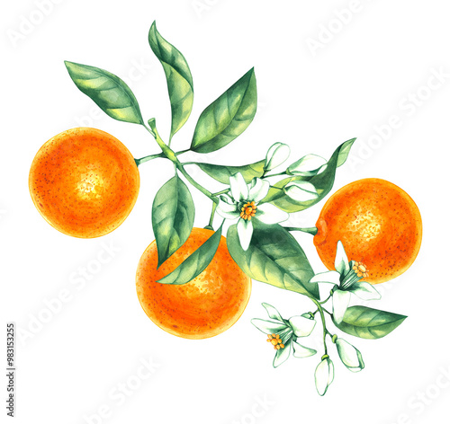 Orange with leaves, flowers isolated elements. Set of orange leaves, flowers, pieces, slices, zest isolated elements. Watercolor orange plant for design of food, textile, fabric, menu, restaurant