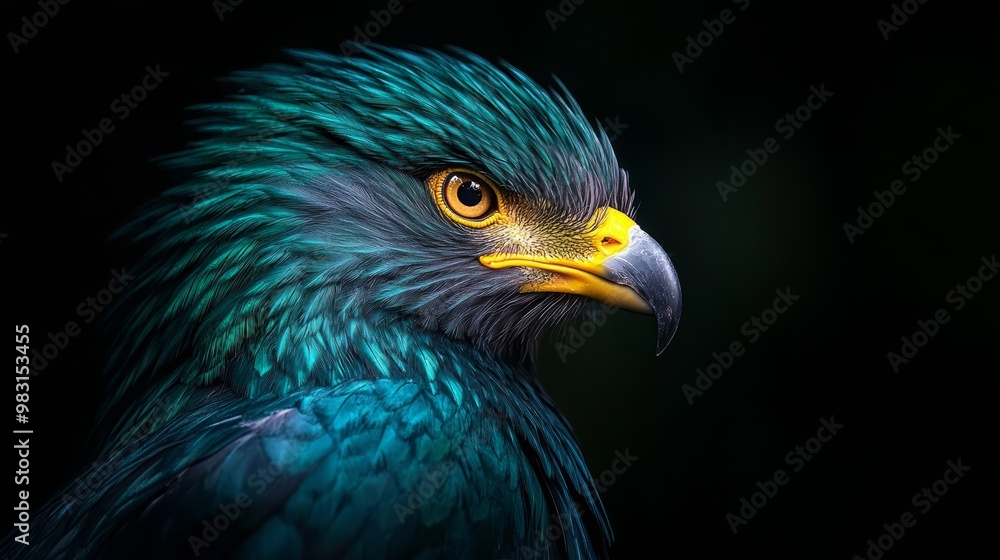 A tight shot of a bird of prey against a black backdrop, featuring a blue-and-yellow head and a bright yellow beak A tight shot of a bird of prey against a black backdrop, featuring a blue-and-yellow head and a bright yellow beak