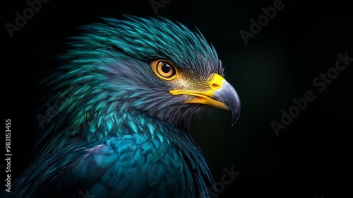  A tight shot of a bird of prey against a black backdrop, featuring a blue-and-yellow head and a bright yellow beak