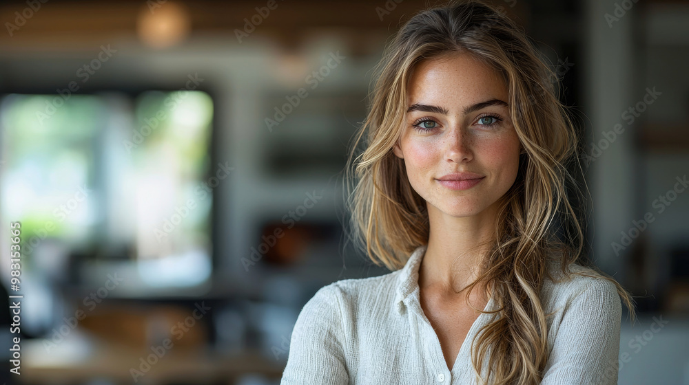 Young woman with blonde hair and blue eyes smiles in a casual setting. Young woman with blonde hair and blue eyes smiles in a casual setting.