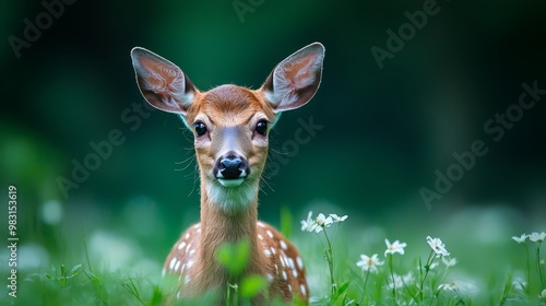  A tight shot of a tiny deer in a grassy field, adorned with flowers in the foreground and a softly blurred background