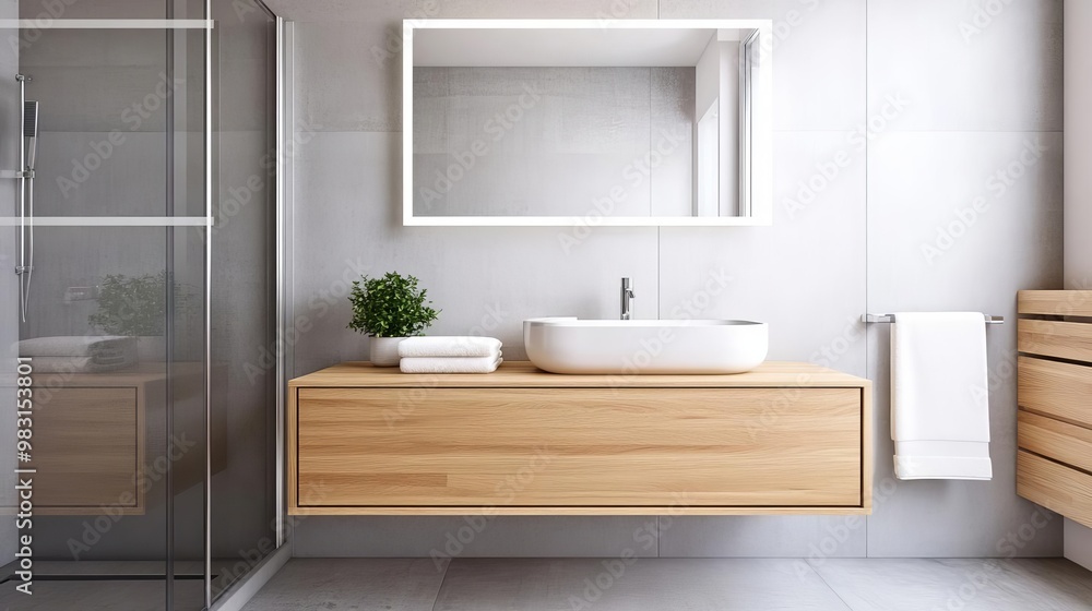 Spacious minimalist bathroom with floating wood vanity and simple white fixtures, minimalist bathroom, modern neutral design Spacious minimalist bathroom with floating wood vanity and simple white fixtures, minimalist bathroom, modern neutral design