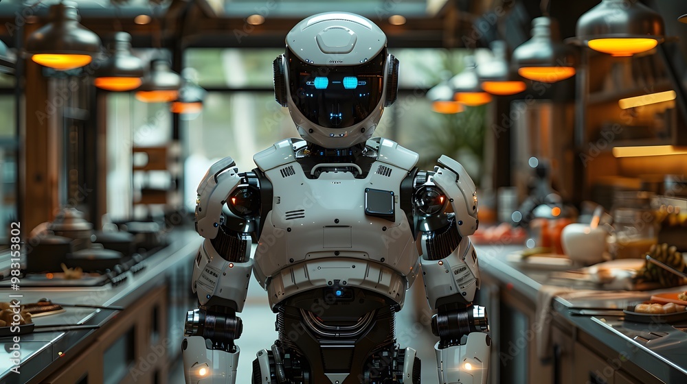 The robot cooks in the kitchen. Robot assistant in the home, future technologies The robot cooks in the kitchen. Robot assistant in the home, future technologies