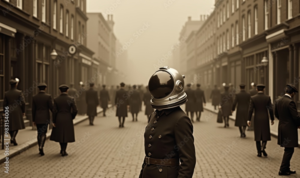 Obraz premium A surreal scene merging the past and future with a lone figure in an astronaut helmet among a crowd in vintage attire, evoking themes of exploration and innovation.