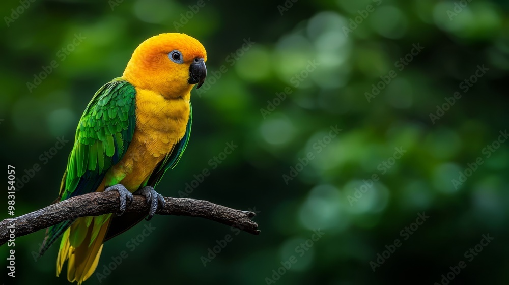 Obraz premium A yellow and green bird perches on a tree branch against a backdrop of green leaves