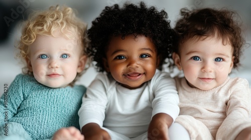 Three adorable babies dressed in cozy clothes sitting together, showcasing innocence, diversity, and the warmth of childhood in a light-hearted and heartwarming scene.