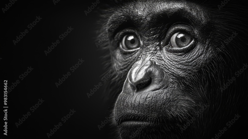 Obraz premium A monkey's face in black and white, gazing directly at the camera with wide-open eyes