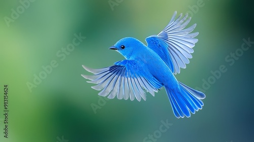  A blue bird flies through the air with its wings spread widely