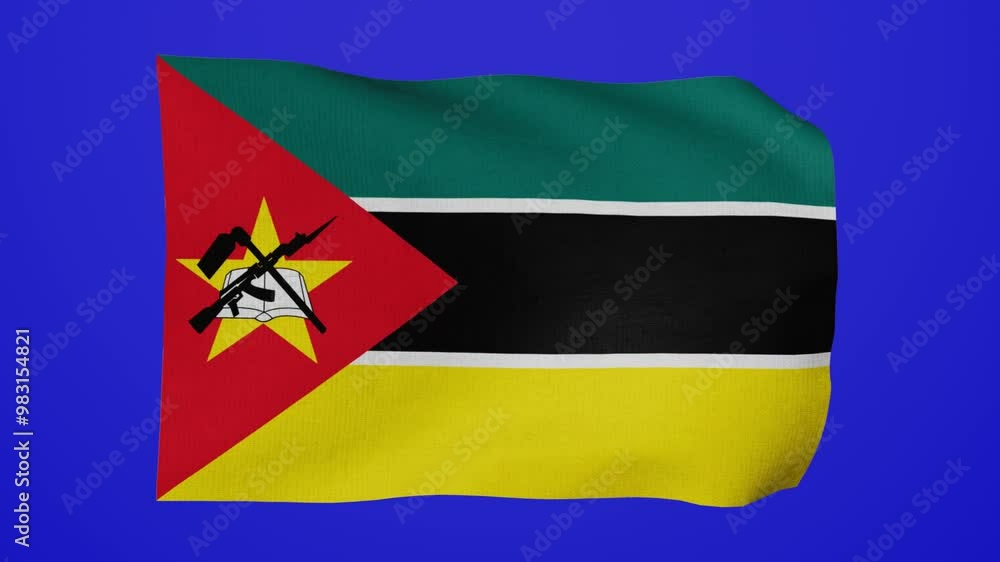 3D Rendered Mozambique National Flag Waving Animation with Realistic Wind Motion on blue background or chroma key. National flag of Mozambique with realistic fabric texture, 4k Premium quality 3D Rendered Mozambique National Flag Waving Animation with Realistic Wind Motion on blue background or chroma key. National flag of Mozambique with realistic fabric texture, 4k Premium quality