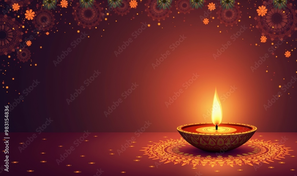 A beautifully lit oil lamp against a warm, festive background, perfect for celebrations, cultural events, or spiritual themes. Ideal for invitations, decorations, and marketing materials. A beautifully lit oil lamp against a warm, festive background, perfect for celebrations, cultural events, or spiritual themes. Ideal for invitations, decorations, and marketing materials.