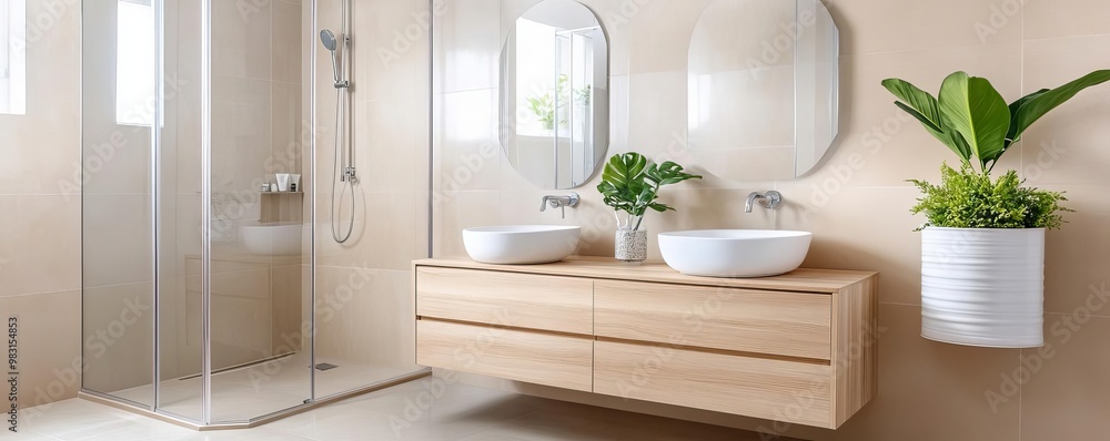 Taupe minimalist bathroom with a glass-enclosed shower and floating wood vanity, minimalist bathroom, modern neutral space Taupe minimalist bathroom with a glass-enclosed shower and floating wood vanity, minimalist bathroom, modern neutral space