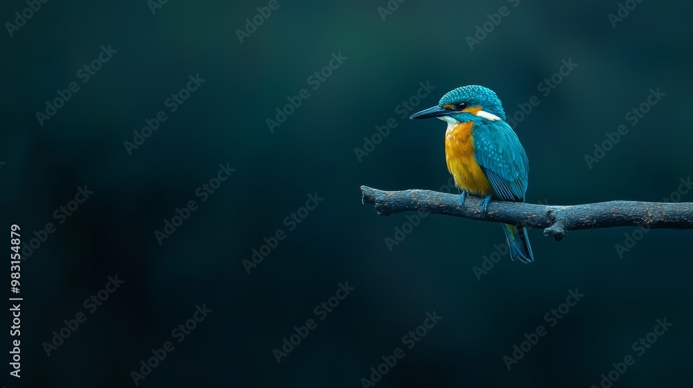 Obraz premium A vibrant bird perches on a tree branch against a dark blue backdrop, its chest adorned with a yellow and white stripe