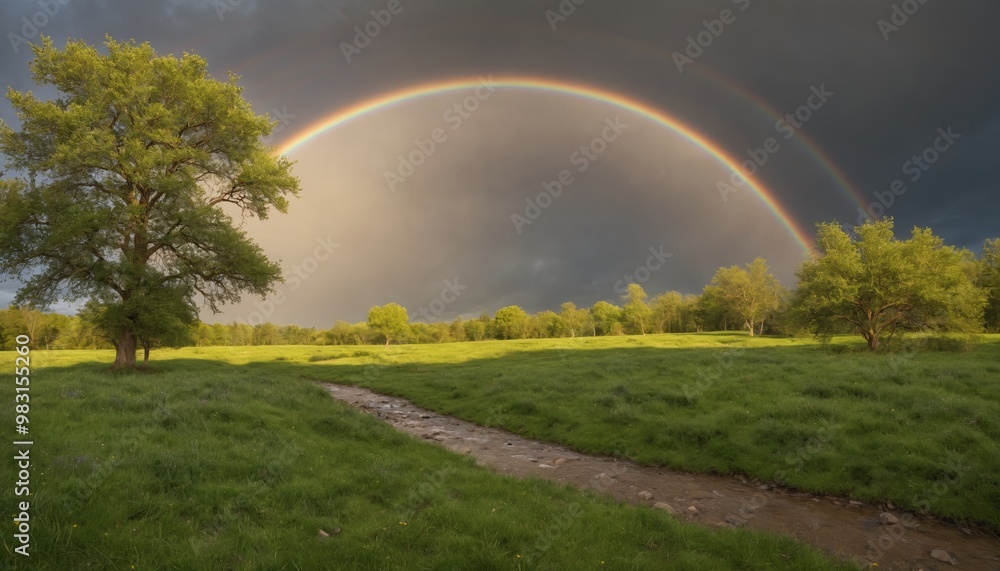 A vibrant rainbow arcs gracefully over a serene stream, framed by lush greenery during a tranquil afternoon A vibrant rainbow arcs gracefully over a serene stream, framed by lush greenery during a tranquil afternoon
