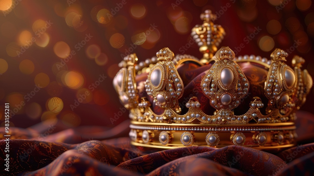 Fototapeta premium A stunning gold crown adorned with sparkling gemstones resting on a dark velvet pillow.