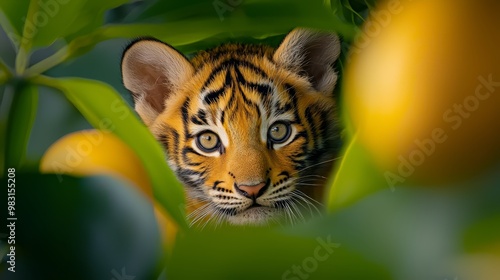  A tight shot of a tiger perched in a tree, surrounded by oranges in the backdrop The foreground features a clear view of the tiger's striped body photo