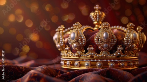 A stunning gold crown adorned with sparkling gemstones resting on a dark velvet pillow.