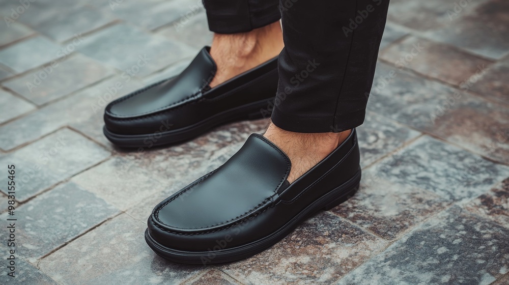 Male legs in leather shoes. Comfortable men's black shoes without laces. Casual men's moccasins Male legs in leather shoes. Comfortable men's black shoes without laces. Casual men's moccasins