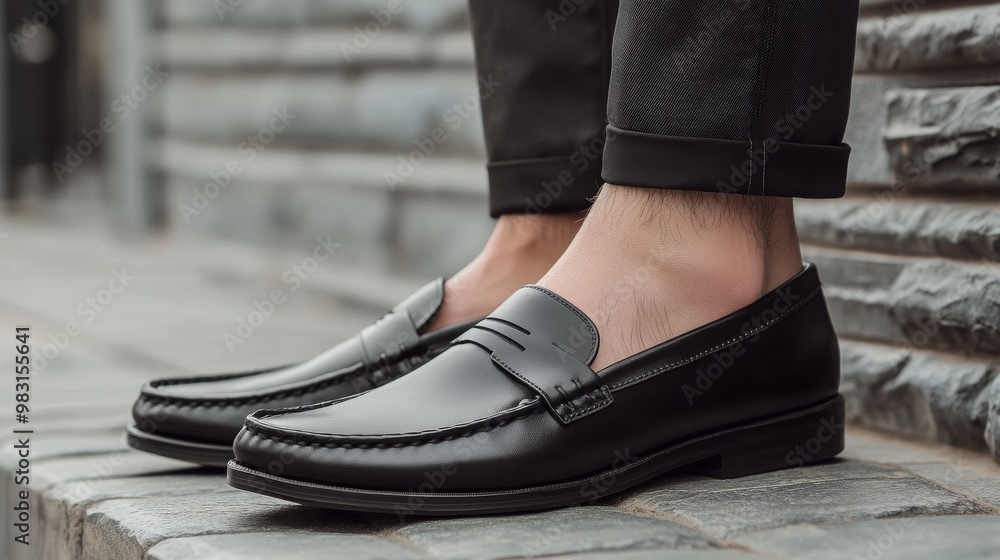 Male legs in leather shoes. Comfortable men's black shoes without laces. Casual men's moccasins Male legs in leather shoes. Comfortable men's black shoes without laces. Casual men's moccasins