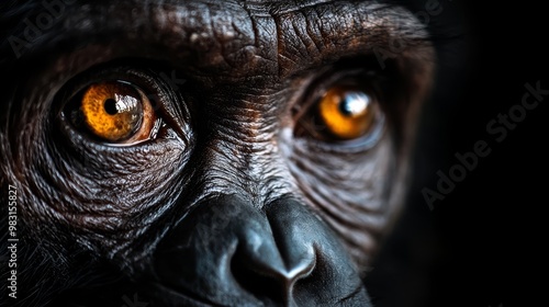  A tight shot of a monkey's face against a yellow backdrop, its eyes distinctly yellow, surrounded by black