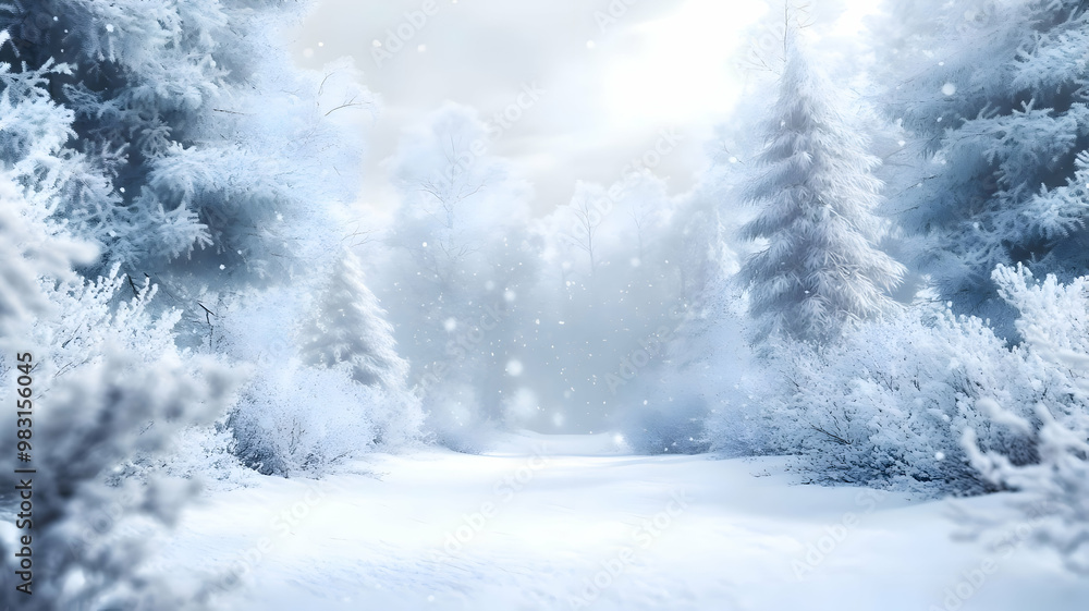 Fototapeta premium Frosty winter landscape in snowy forest Christmas background