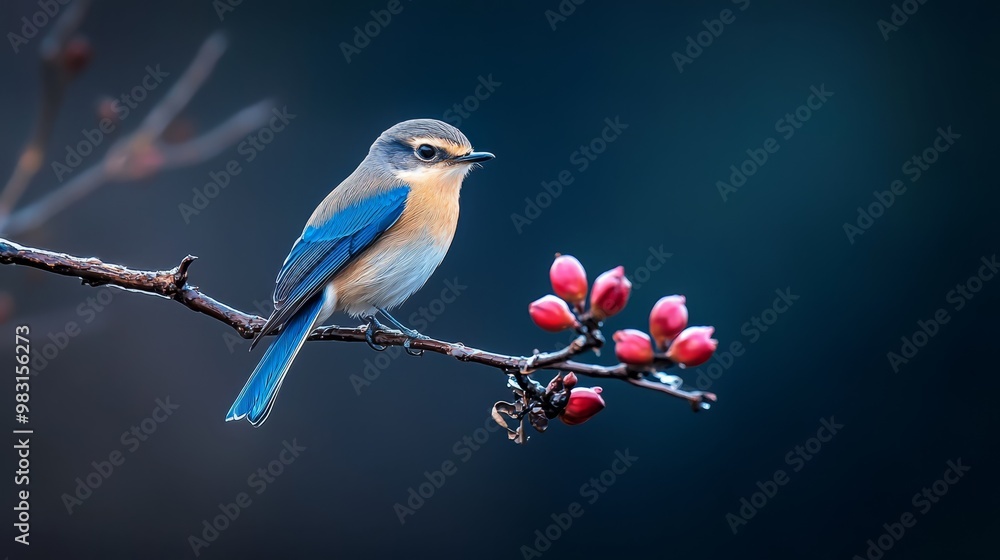 Fototapeta premium A blue bird perches on a tree branch, adjacent to a blooming branch laden with red berries