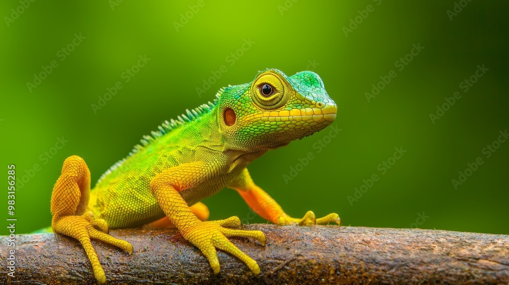 A tight shot of a green-and-yellow lizard perched on a branch against a hazy backdrop of green foliage A tight shot of a green-and-yellow lizard perched on a branch against a hazy backdrop of green foliage