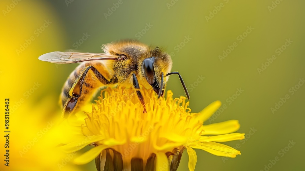 A close-up of a bee on a yellow flower with a blurred background behind it A close-up of a bee on a yellow flower with a blurred background behind it
