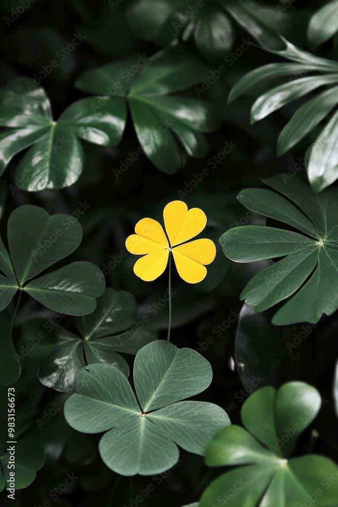 Single yellow clover among green leaves in a natural setting Single yellow clover among green leaves in a natural setting