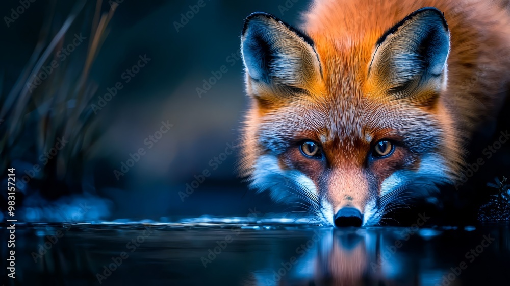 A tight shot of a fox bending to drink from a water source, surrounded by grass and reeds in the foreground A tight shot of a fox bending to drink from a water source, surrounded by grass and reeds in the foreground