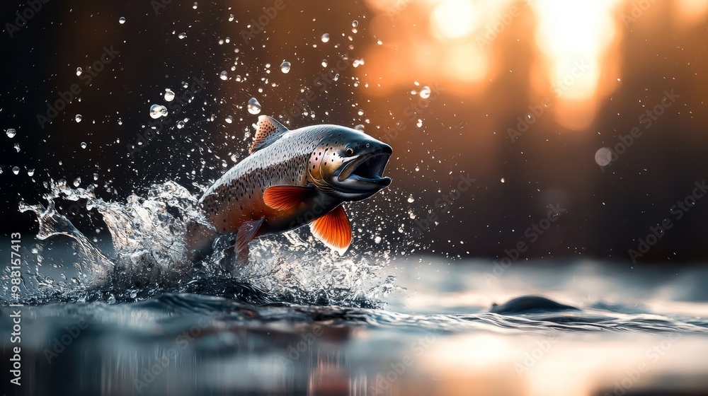 Fototapeta premium A fish leaps from the water, mouth agape, head clear of surface