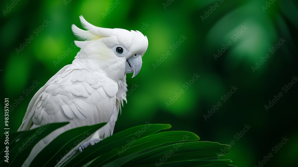 A white cockatoo perches on a distinct green branch against an softly blurred backdrop of leaves A white cockatoo perches on a distinct green branch against an softly blurred backdrop of leaves